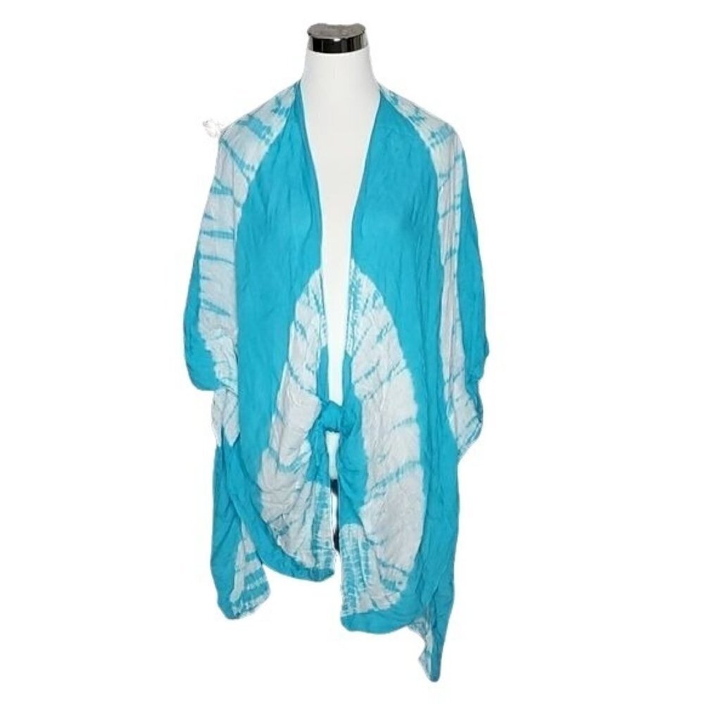 Open Front Blue White Tie Dye Summer Beach Vacation Swim Cover Up One Size